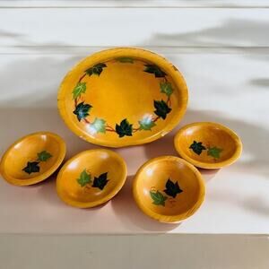 VINTAGE Munising Wooden Salad Serving Bowl w/ 4 Small Bowls Hand Painted Ivy